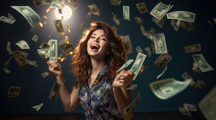 Attractive young woman stands under money fly rain. - obrazy, fototapety, plakaty