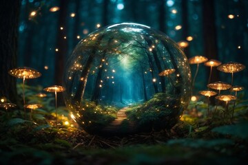 A Mystical Crystal Ball Revealing Secrets in an Enchanted Mushroom Forest