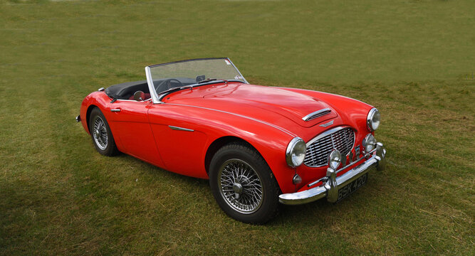 Classic 1960 Red Austin Healey 3000 Mk1 parked on grass.