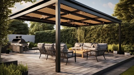 Trendy outdoor patio pergola shade structure, awning and patio roof, garden lounge, chairs, metal grill surrounded by landscaping 8k, - obrazy, fototapety, plakaty