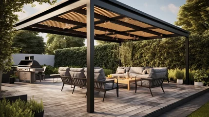Foto op Plexiglas Trendy outdoor patio pergola shade structure, awning and patio roof, garden lounge, chairs, metal grill surrounded by landscaping 8k, © Creative artist1