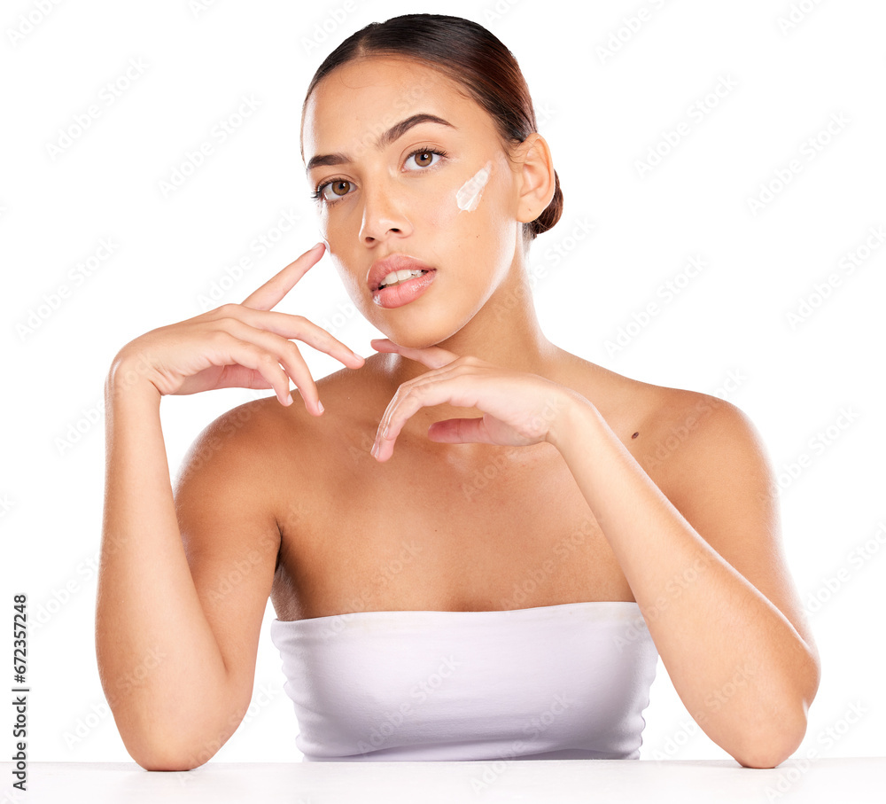 Sticker Skincare, beauty and portrait of woman with cream for wellness isolated on a transparent PNG background. dermatology and luxury spa. Face of female person in facial, anti aging cosmetics or lotion