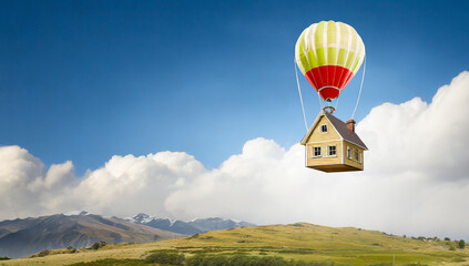 Fototapeta na wymiar House flying, gas balloon, fantasy illustration