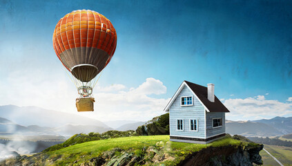 Fototapeta na wymiar House and a gas balloon, fantasy illustration