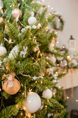 Christmas decoration, tree with toys. Interior decoration for the holiday. present.