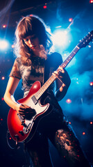 Female musician or performer, on stage playing her guitar and singing at a rock or pop concert. Shallow field of view. - obrazy, fototapety, plakaty