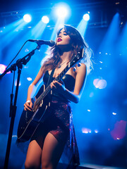 Female musician or performer, on stage playing her guitar and singing at a rock or pop concert. Shallow field of view.