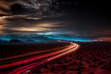 Fototapeta premium Long exposure photo from a highway in a deserted desert. - Generative AI