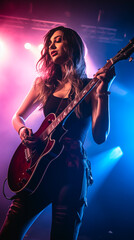 Female musician or performer, on stage playing her guitar and singing at a rock or pop concert....