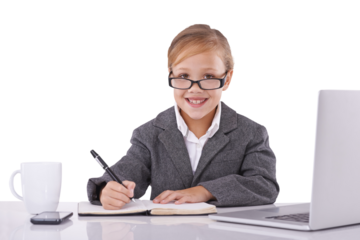 Girl, student and happy portrait for business by desk, laptop and career in studio mockup. Child, young face or glasses in vision for study, corporate office or isolated on transparent png background