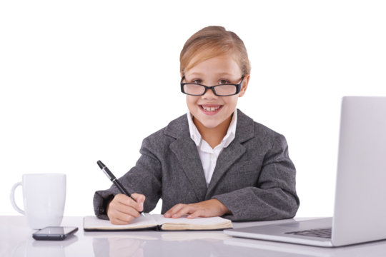 Girl, student and happy portrait for business by desk, laptop and career in studio mockup. Child, young face or glasses in vision for study, corporate office or isolated on transparent png background