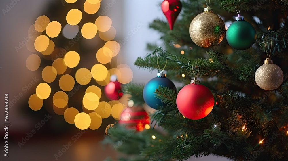 Poster a close up of a christmas tree with a lit up christmas tree in the background and a blurry christmas