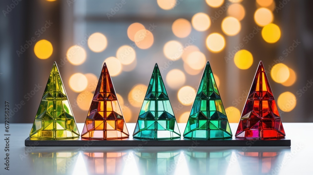Poster a group of multicolored pyramids sitting on top of a table next to a christmas tree with lights in t