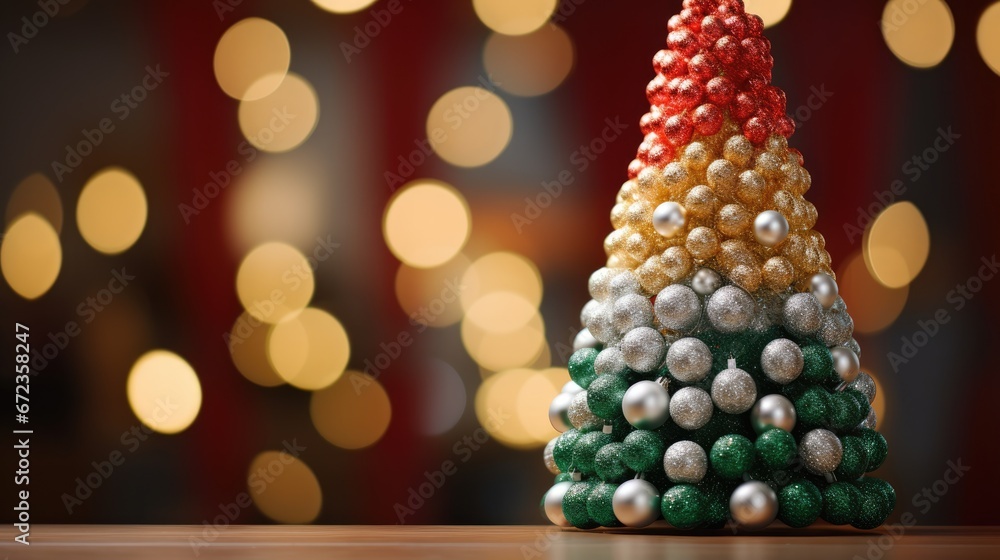 Aufkleber a multicolored christmas tree made of balls and tinsels on a table with lights in the background. ge