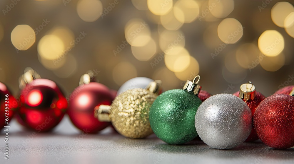 Poster a row of christmas ornaments sitting next to each other on top of a table with a boke of lights in t