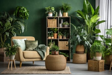 Modern living room interior with stylish furniture, green plants, and contemporary design, creating a comfortable, trendy space......