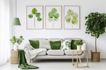 Modern and elegant living room interior design with a white sofa, green accents, stylish furniture and plenty of natural light.