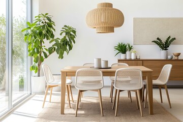 Bright and stylish Scandinavian style dining room with wooden furniture, green plants and natural decorative elements.