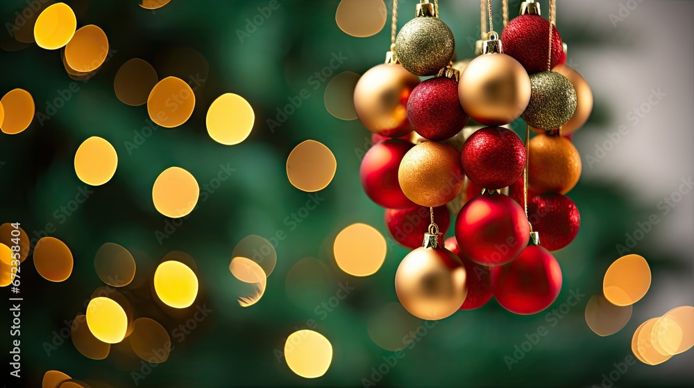 Poster a christmas ornament hanging from a string in front of a christmas tree with boke of lights in the b