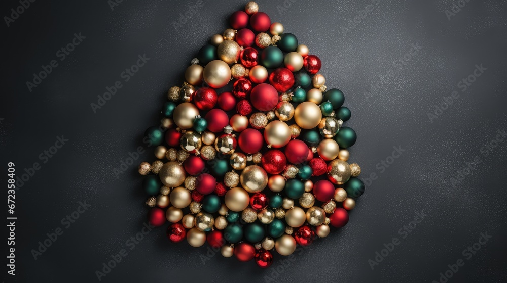 Poster a christmas ornament made out of balls and other ornaments on a dark background with space for text 