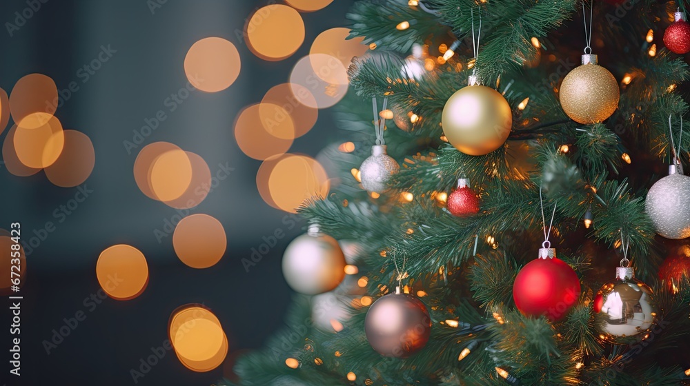 Poster a close up of a christmas tree with a lot of ornaments hanging from it's branches and lights in the 