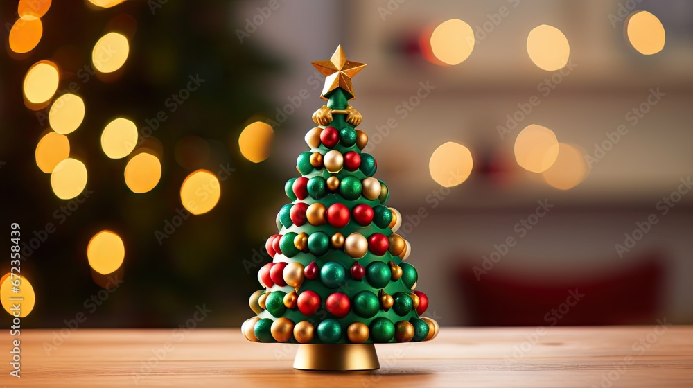 Poster a small christmas tree on a table in front of a christmas tree with a star on the top of it. generat