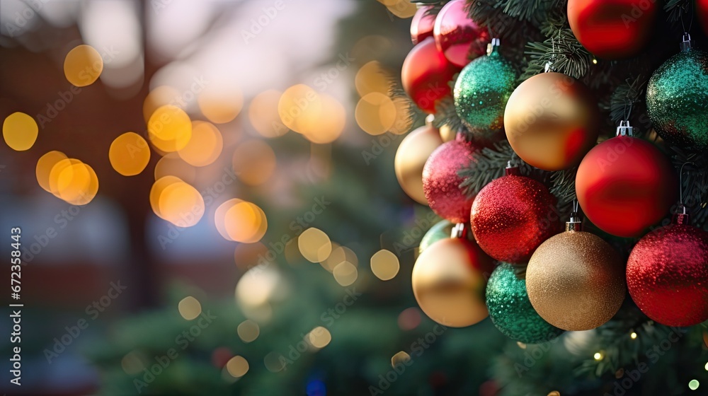 Poster a close up of a christmas tree with ornaments hanging from it's branches and blurred lights in the b