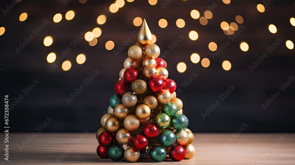 Aufkleber a christmas tree made out of ornaments on top of a wooden table with a string of lights in the backg