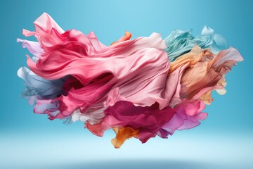 A beautiful and abstract image of swirling, textile pieces of fabric of different colors on a blue background.