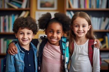 A diverse group of cheerful elementary school students standing together symbolizes friendship and interest in learning.