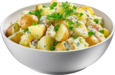 Delicious Tasty Bowl of homemade creamy Potato salad, bean, tomato, carrot, PNG Transparent, isolate