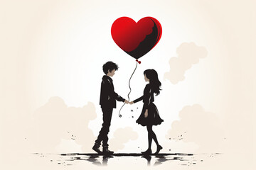 Couple silhouette holding red heart balloon