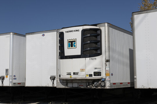 Thermo King refrigeration unit on a refrigerated big rig box truck trailer. Thermo King provides refrigeration for transport.