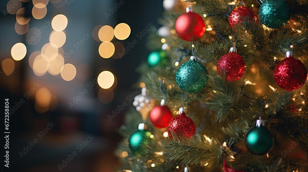 Poster a close up of a christmas tree with lights in the background and a blurry christmas tree in the fore