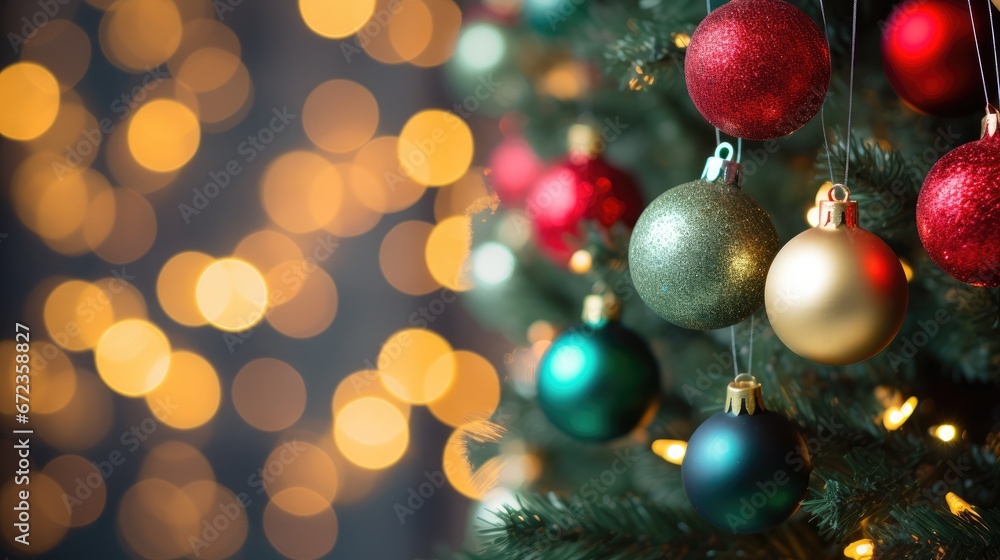 Poster a close up of a christmas tree with ornaments hanging from it's branches and blurred lights in the b