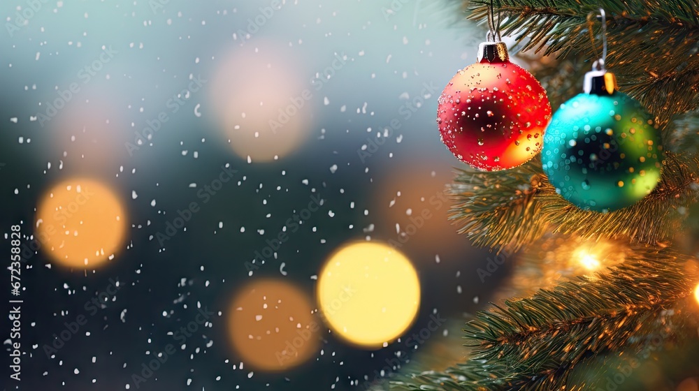 Poster a christmas tree with two ornaments hanging from it's branches in front of a blurry background of li