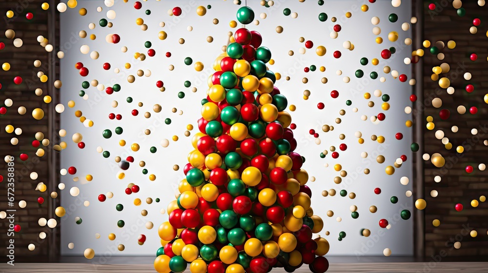 Poster a christmas tree made out of balloons in front of a backdrop of confetti and streamers of confetti. 