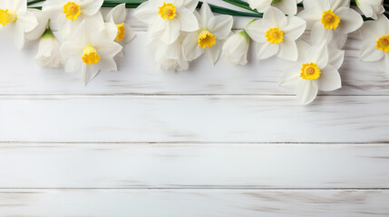  a bunch of white and yellow flowers on a white wooden background.  generative ai