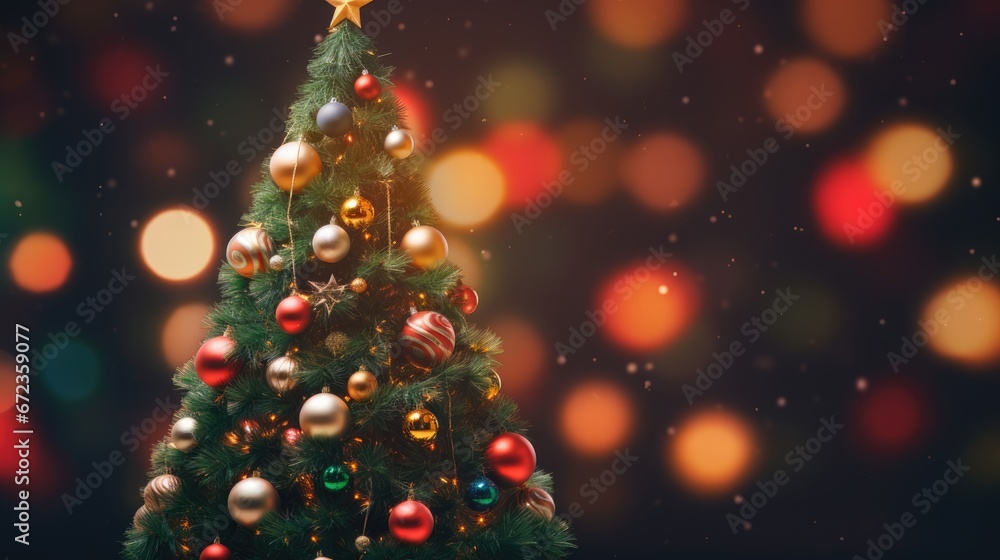 Poster a christmas tree with ornaments on it and a star on top of the top of the top of the tree. generativ