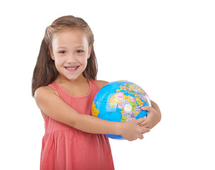 Portrait, smile and a girl hugging the earth isolated on a transparent background for travel or sustainability. Recycling, global warming or climate change and a young child on PNG with a world globe