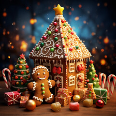 
Gingerbread house with cute gingerbread man, Christmas theme, lots of candy, Christmas tree with wrapped gifts. Bright sunny day. Full