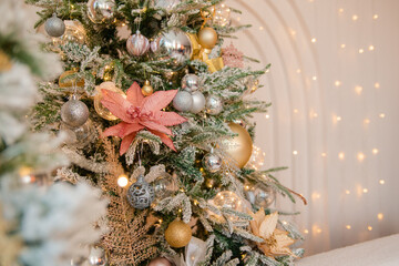 Christmas decoration, tree with toys. Interior decoration for the holiday. present.