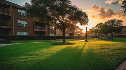 View from grassy backyard of a typical apartment complex building in suburban area at Humble, Texas, US. Sunset with warm light. Panorama style. 8k,