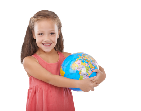 Portrait, smile and a girl hugging the earth isolated on a transparent background for travel or sustainability. Recycling, global warming or climate change and a young child on PNG with a world globe