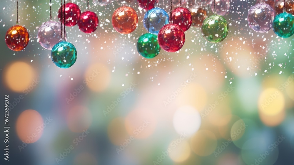 Poster a close up of a bunch of christmas ornaments hanging from a line on a string with lights in the back