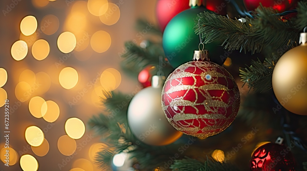 Poster a close up of a christmas tree with a lot of ornaments hanging from it's branches and lights in the 