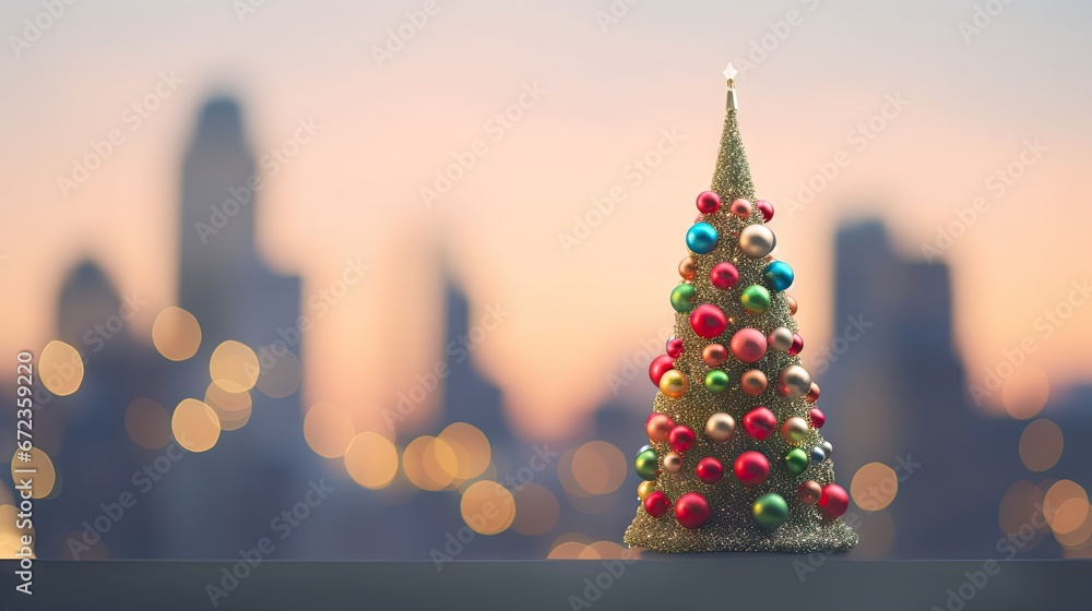 Poster a small christmas tree on a table in front of a blurry cityscape with lights in the background. gene