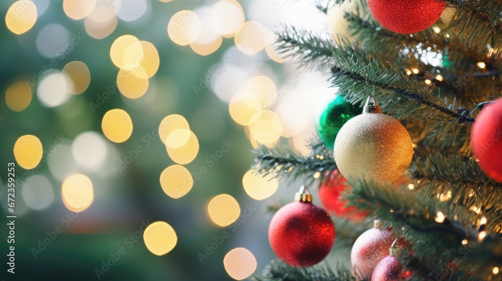 Poster a close up of a christmas tree with a lot of ornaments hanging from it's branches and lights in the 