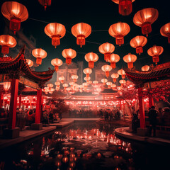 Street view at night with red lanterns for Chinese new year celebration. Traditional red Chinese...