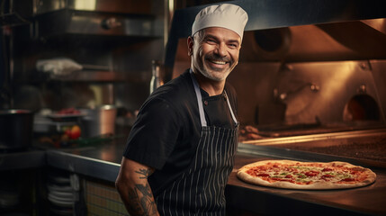 A man with chef hat smiling and holding pizza